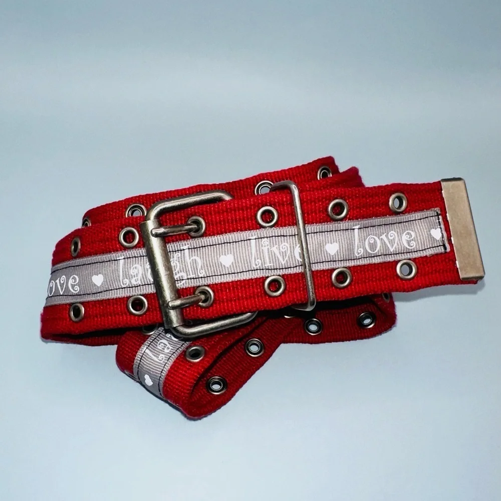 Red belt with ❤️live💜love♥️laugh ribbon. 1.5” wide x 39.5” and super adjustable